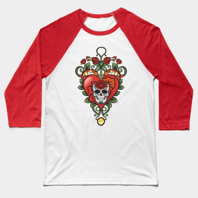 Mexican Pride Skull Heart & Rose Graphic Art Baseball T-Shirt by tamdevo1